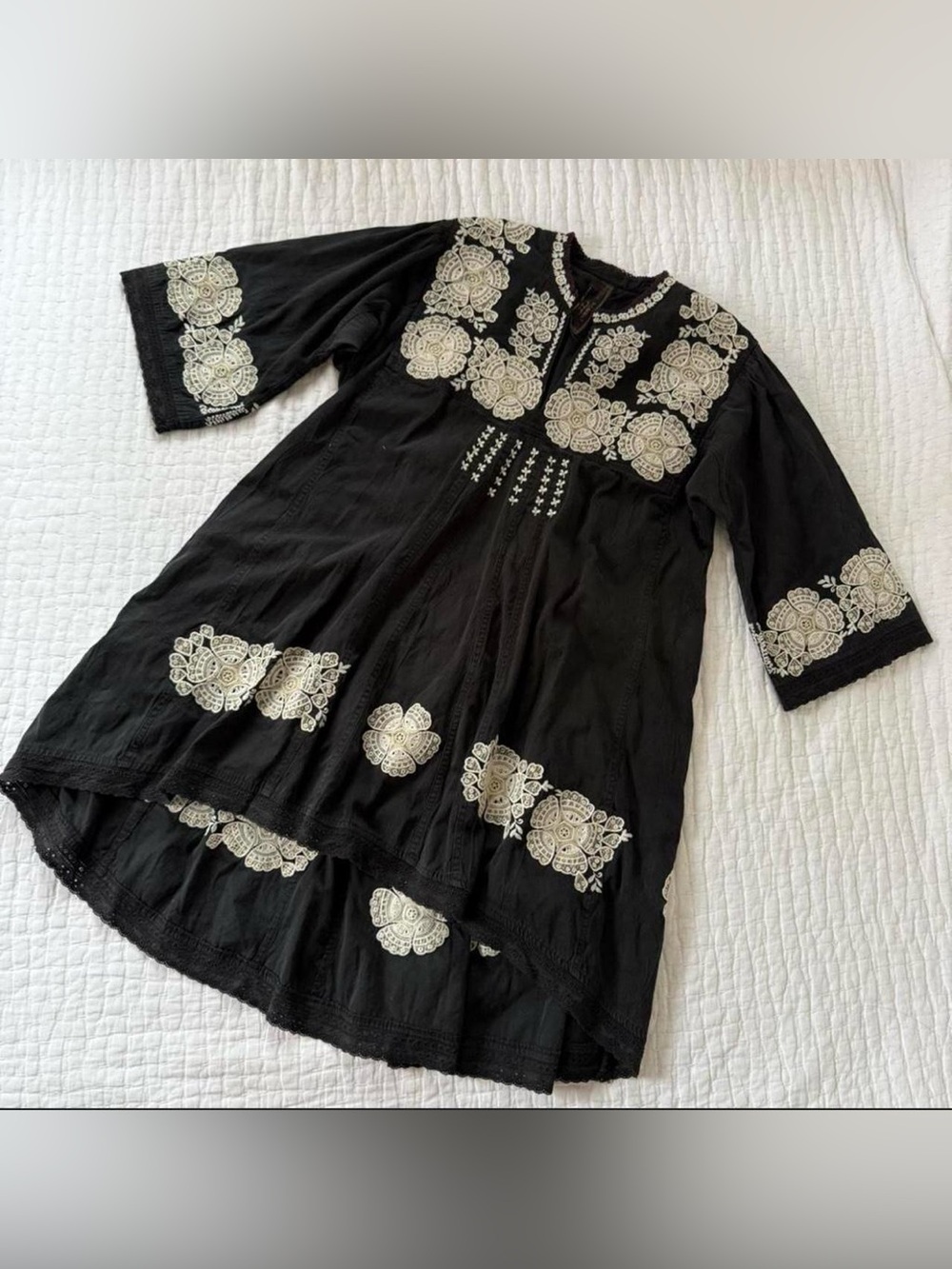 Free People New Romantics Black Embroidered Floral Boho Tunic Dress XS